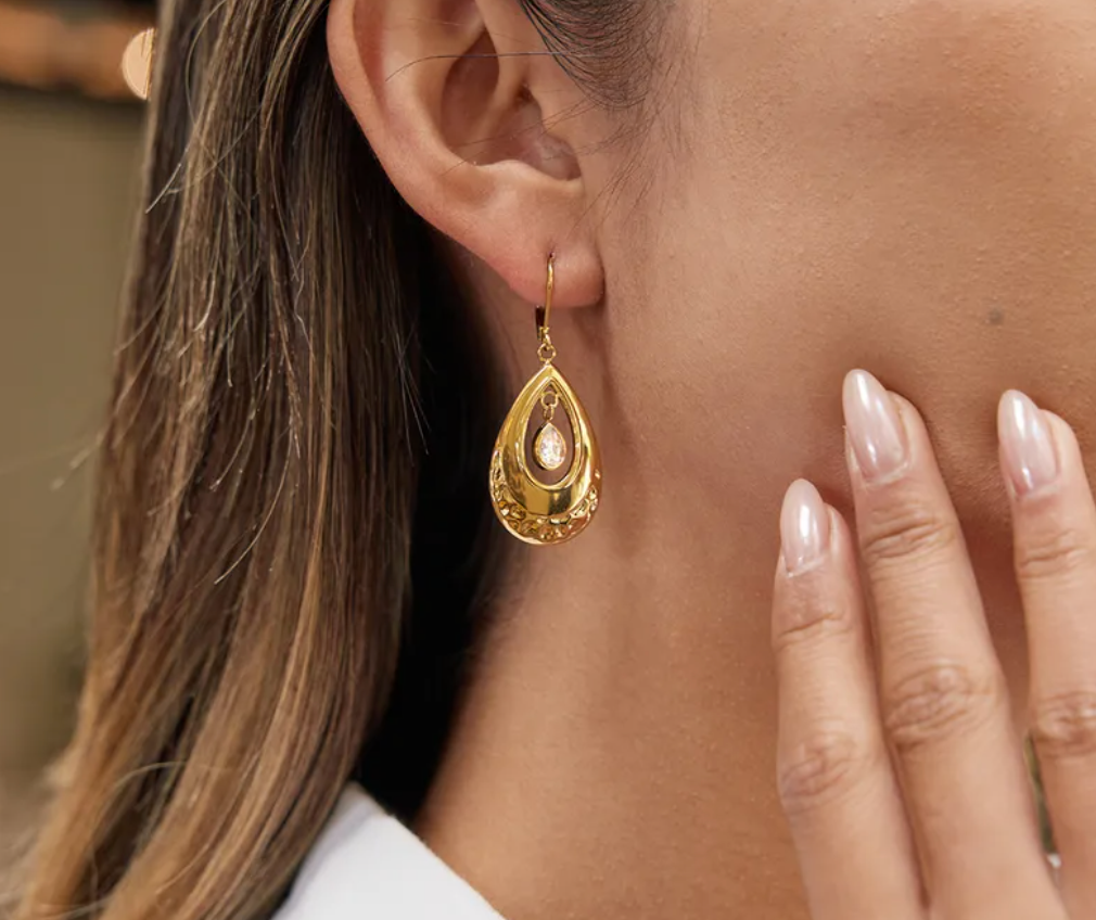 Pear Stone Glam Danglers-Gold